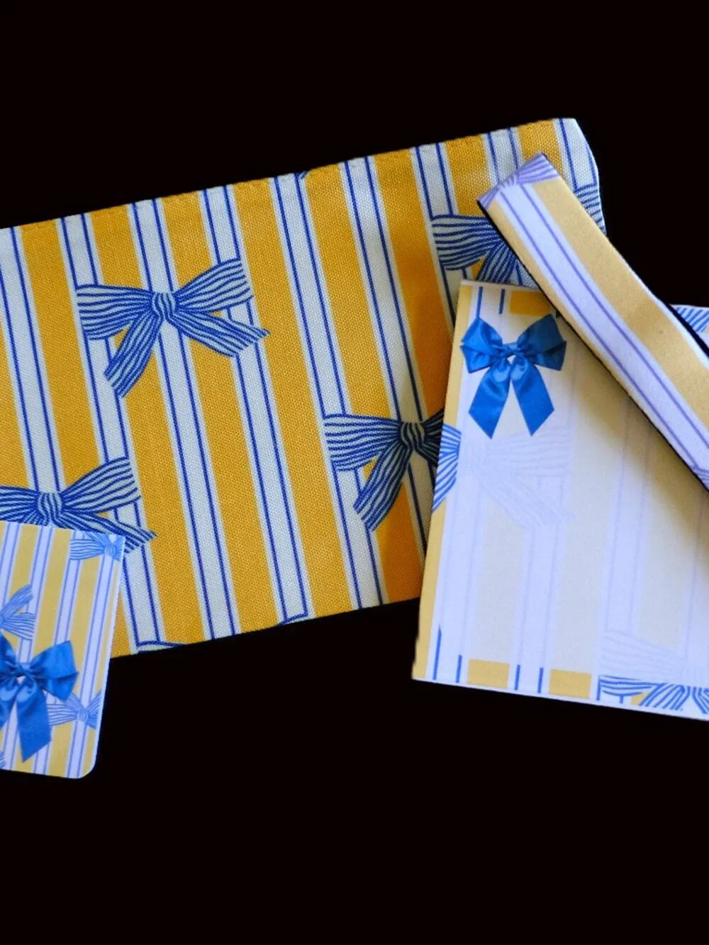 Handmade Yellow Striped Matching Set, blue, bow, gift, zipper, bookmark, lanyard